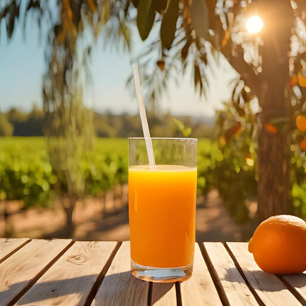 un verre de jus d'orange est assis sur une table en bois