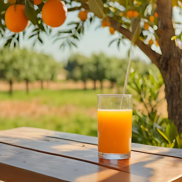 un verre de jus d'orange est assis sur une table en bois