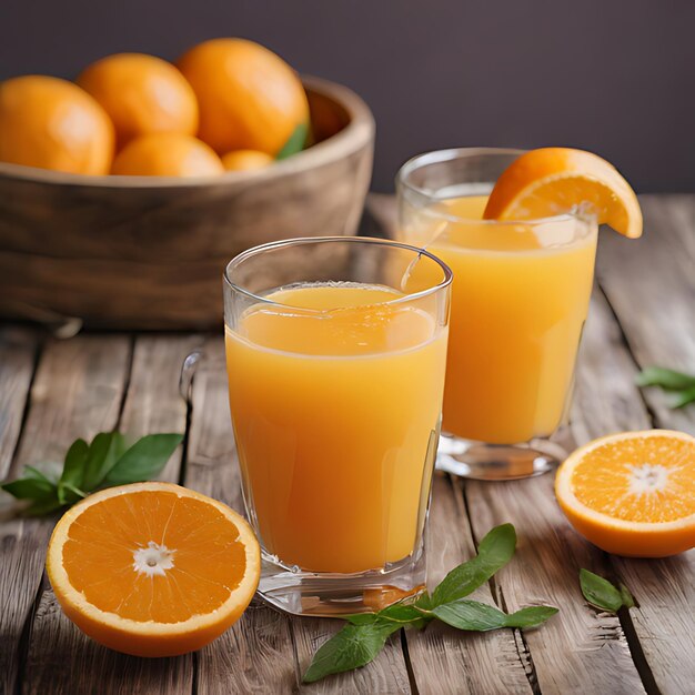 un verre de jus d'orange est assis sur une table en bois