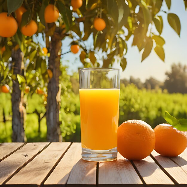 un verre de jus d'orange est assis sur une table à côté de quelques oranges