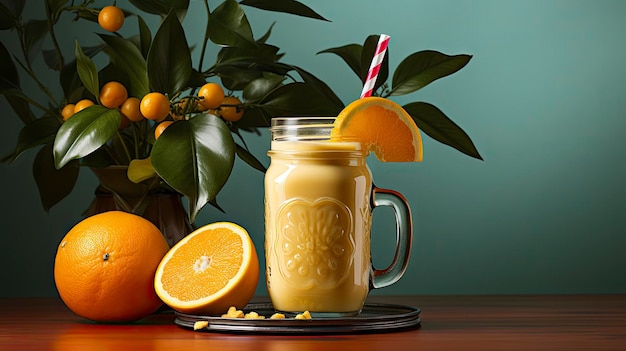 un verre de jus d'orange est sur un plateau avec des oranges et des citrons.