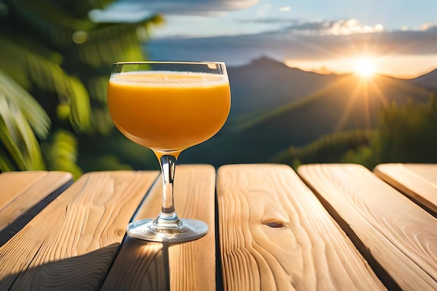 Photo un verre de jus d'orange est posé sur une table avec un coucher de soleil en arrière-plan.