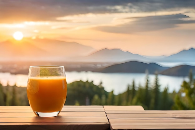 un verre de jus d'orange est sur une table donnant sur un lac.