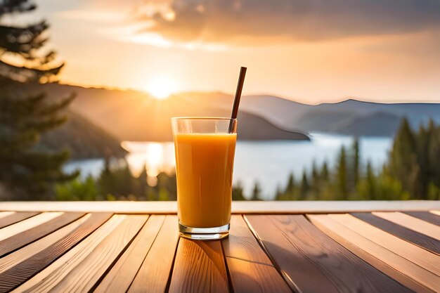 Un verre de jus d'orange est sur une table surplombant un lac et des montagnes.