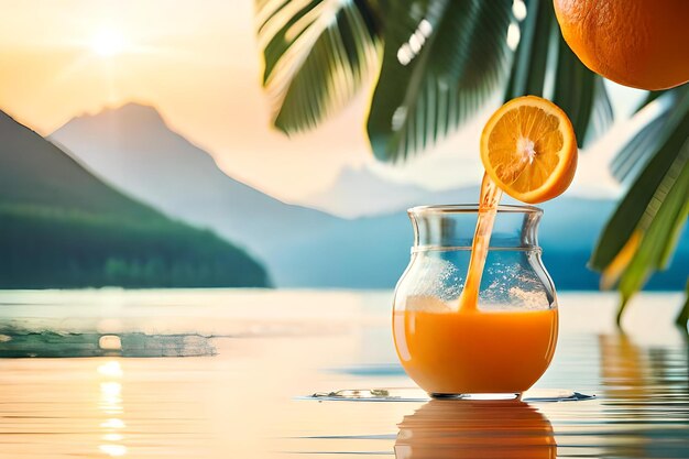 Photo un verre de jus d'orange est versé dans un pot.