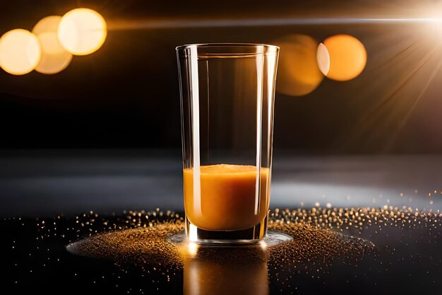 un verre de jus d'orange est versé dans un verre sur une table.