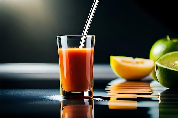 un verre de jus d'orange est versé dans un verre.