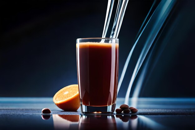 un verre de jus d'orange est versé dans un verre.