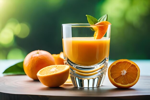 Un verre de jus d'orange avec une feuille sur le côté