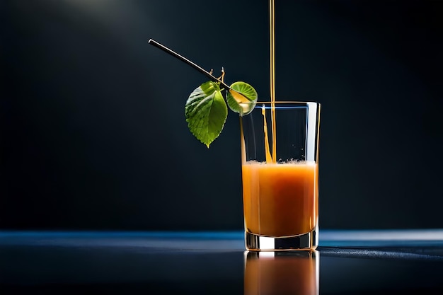 un verre de jus d'orange avec une feuille dessus