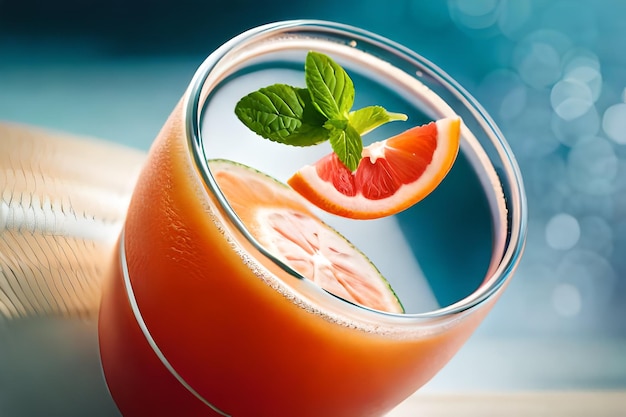 un verre de jus d'orange avec des feuilles de menthe et des feuilles de menthe.