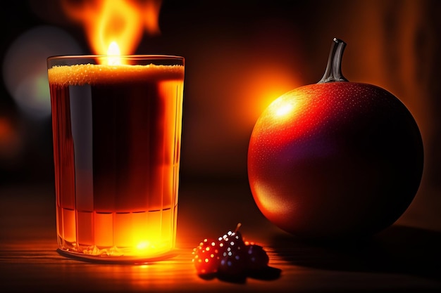 Un verre de jus d'orange avec un fond sombre et une baie noire sur la droite.