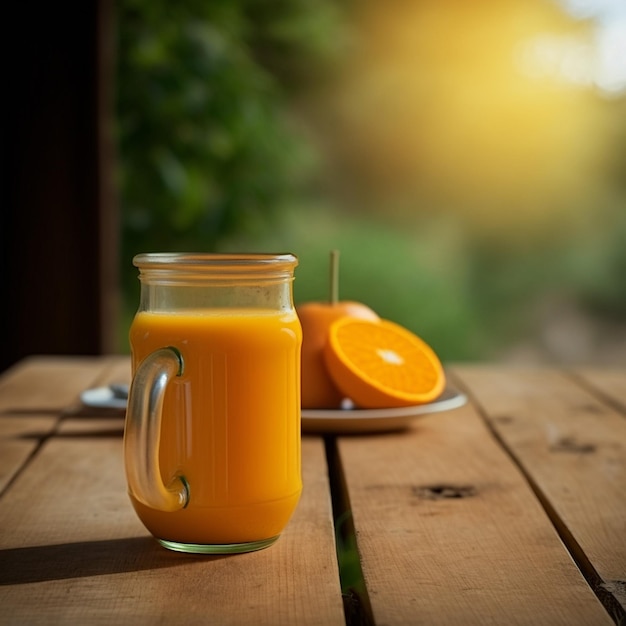 verre de jus d'orange sur fond de table en bois images d'illustration générées par l'IA