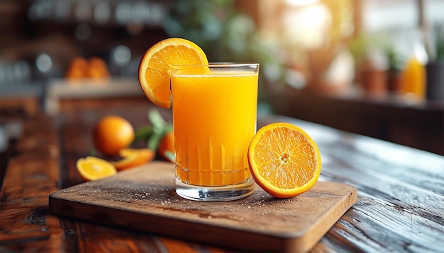 verre de jus d'orange frais avec des fruits frais sur la table en bois dans la cuisine jus d'oranges bio et