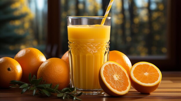 Photo un verre de jus d'orange frais et savoureux sur la table à l'extérieur