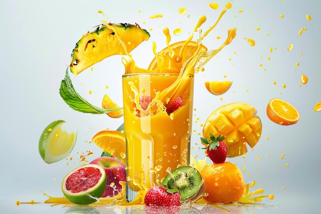un verre de jus d'orange avec un fruit et un fruit dessus