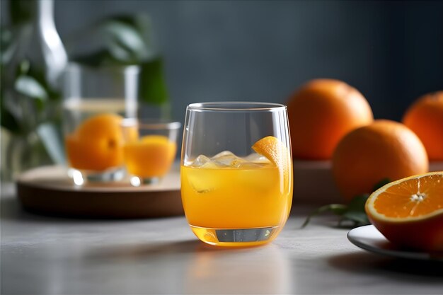 Un verre de jus d'orange avec de la glace sur le côté.