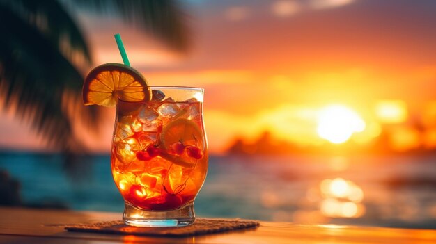 Un verre de jus d'orange avec de la glace et des oranges sur fond de coucher de soleil