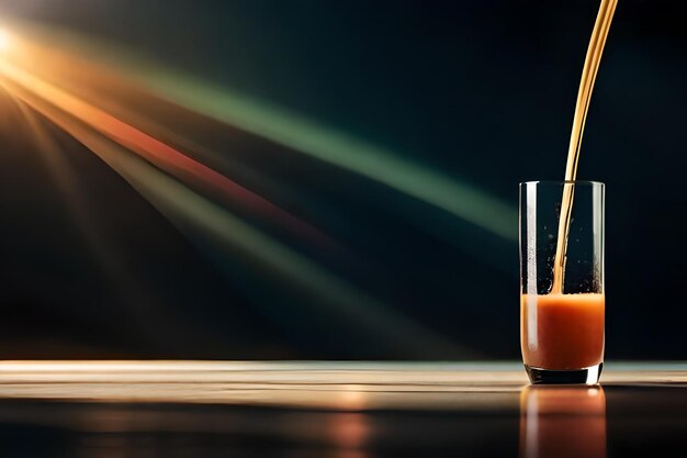 un verre de jus d'orange avec une lumière rouge derrière.