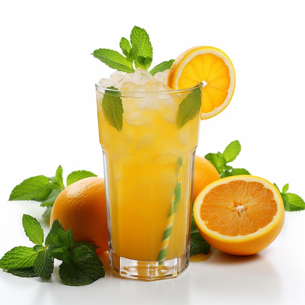 Photo un verre de jus d'orange avec de la menthe et de l'orange isolé sur blanc