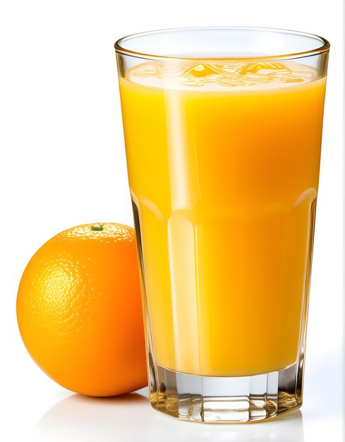 Photo un verre de jus d'orange et une orange isolée sur un fond blanc