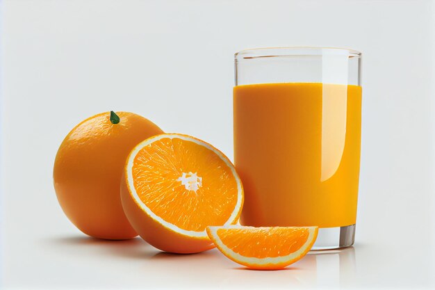 Un verre de jus d'orange avec des oranges dessus