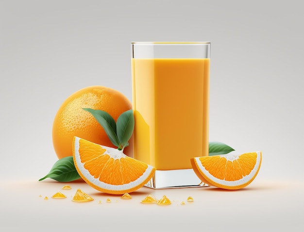 Un verre de jus d'orange avec des oranges et quelques morceaux d'oranges.