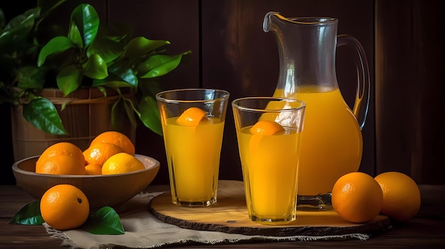 Un verre de jus d'orange avec des oranges sur une table en bois.
