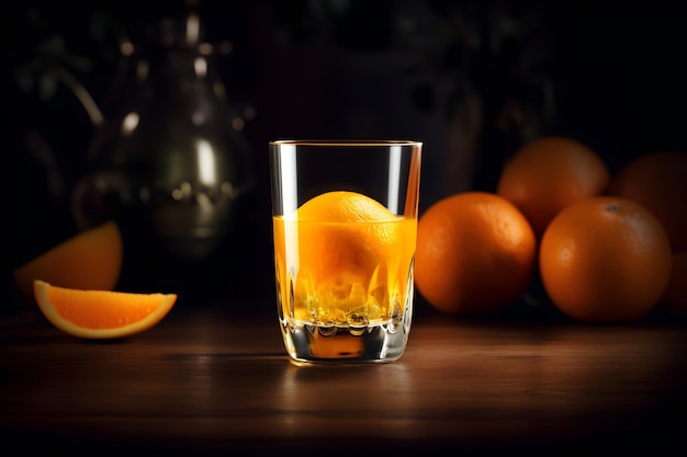 Un verre de jus d'orange avec des oranges sur une table.