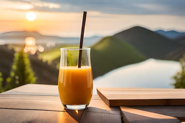 Un verre de jus d'orange avec une paille en arrière-plan