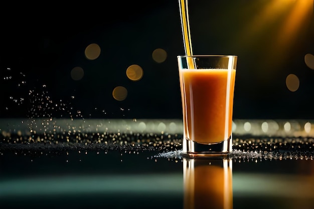 un verre de jus d'orange avec une paille au milieu.