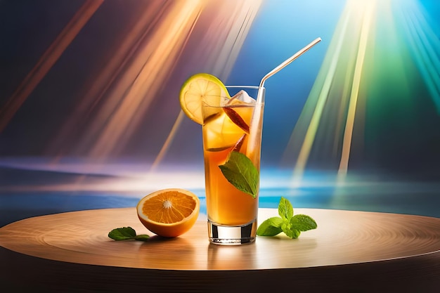 Un verre de jus d'orange avec une paille et une boisson sur une table