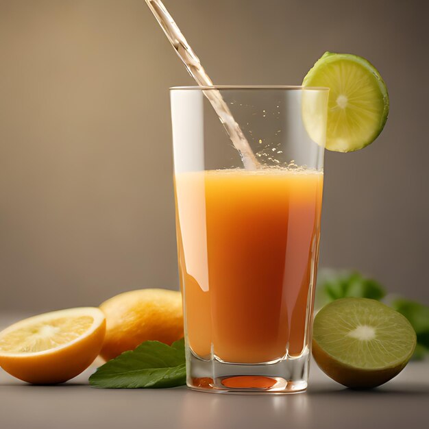 un verre de jus d'orange avec une paille et des citrons sur la table