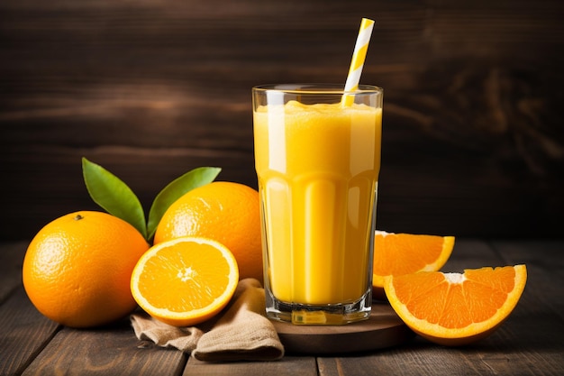 Un verre de jus d'orange avec une paille à côté d'oranges tranchées