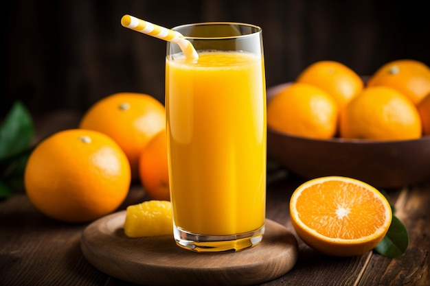 Un verre de jus d'orange avec une paille à côté d'oranges tranchées