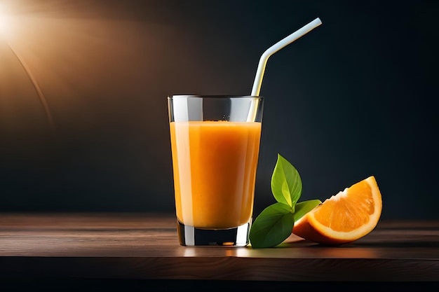 Un verre de jus d'orange avec une paille à côté