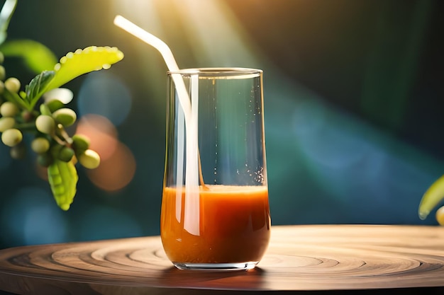 Un verre de jus d'orange avec une paille dedans