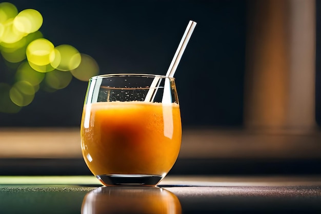 un verre de jus d'orange avec une paille dedans