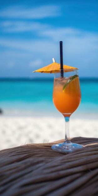 Un verre de jus d'orange avec une paille sur la plage