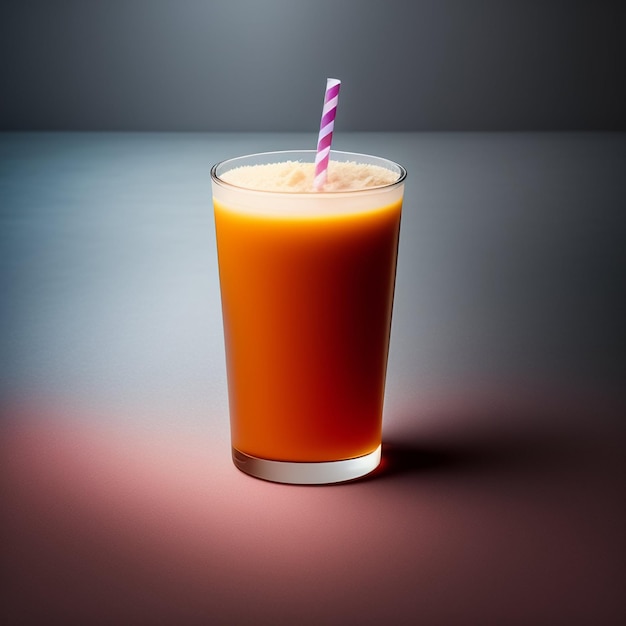 Un verre de jus d'orange avec une paille rayée rose et blanche.