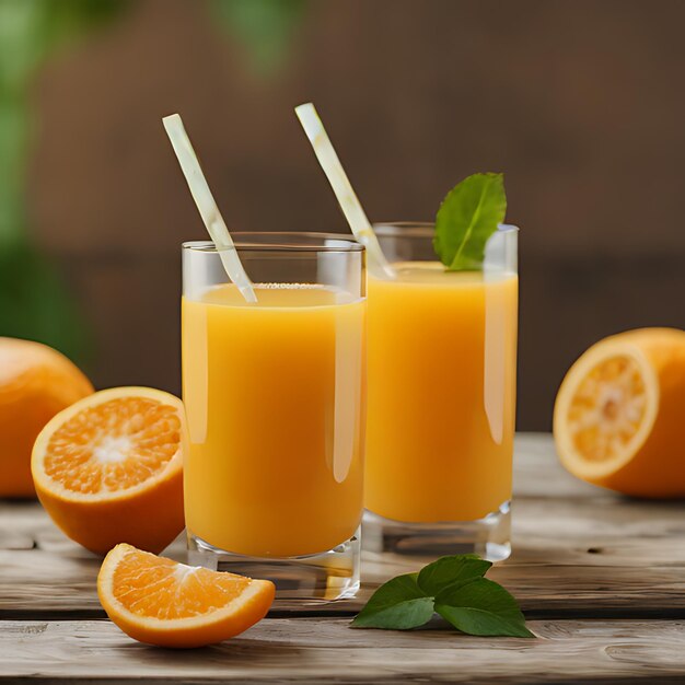 un verre de jus d'orange avec des pailles et des pailles sur une table en bois