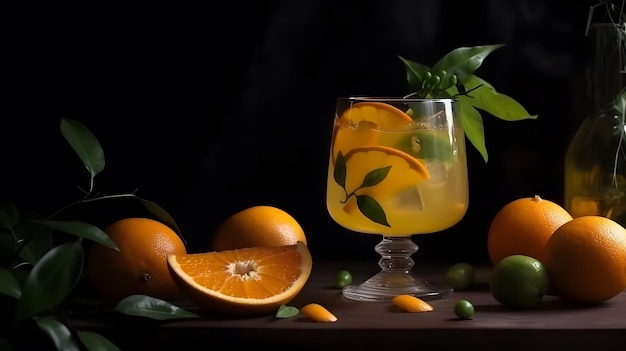 Un verre de jus d'orange avec un tas d'oranges sur une table.