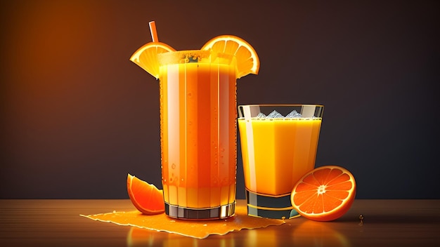 Verre de jus d'orange avec une tranche d'orange sur une table en bois Promotion de la marque de jus