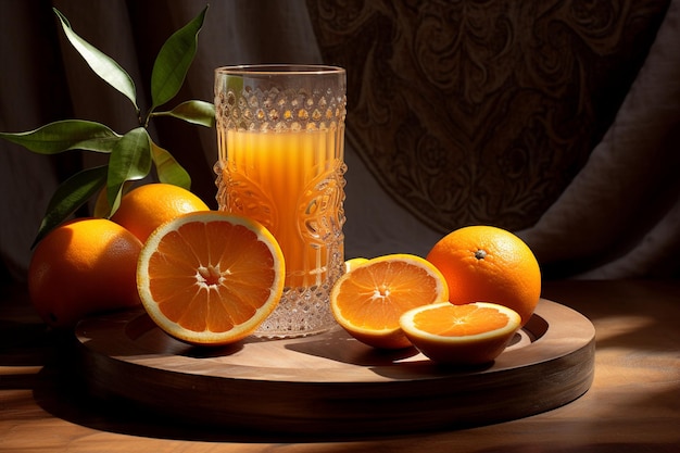 Un verre de jus d'orange avec des tranches d'oranges