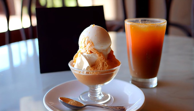 Un verre de jus d'orange et un verre de glace avec une cuillerée de glace.