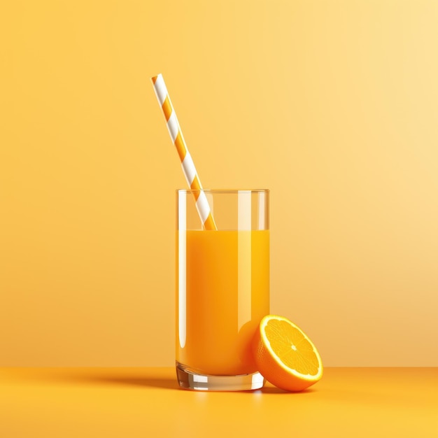 Un verre de jus d'orange Un verre de jus d'agrumes avec une paille sur fond jaune Une boisson rafraîchissante fraîche et une demi-orange Un été sain buvez un cocktail avec une paille écologique