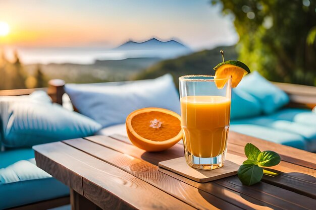 Un verre de jus d'orange et un verre de jus d'orange sur une table.
