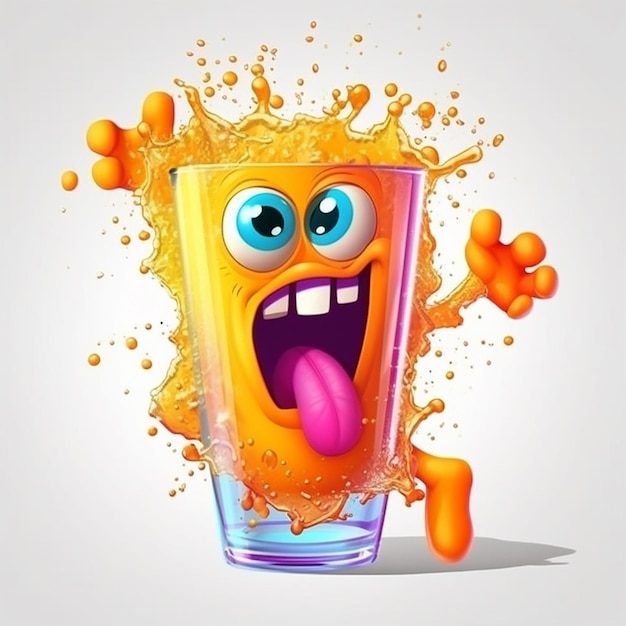 Un verre de jus d'orange avec un visage et une bouche qui dit happy orange