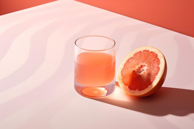 Un verre de jus de pamplemousse est posé sur une table rose avec une moitié d'orange.