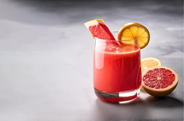 Un verre de jus de pastèque sur une table avec un fond gris